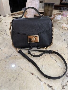 Coach Black Leather Crossbody with Gold-Tone Chain and Turnlock